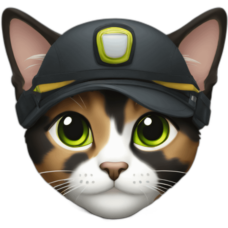 black, brown and grey calico cat without any white and with green eyes dressed as a pilot emoji