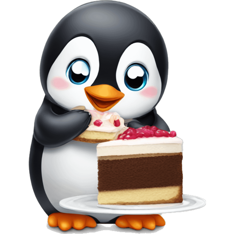 Cute baby penguin eating a cake emoji