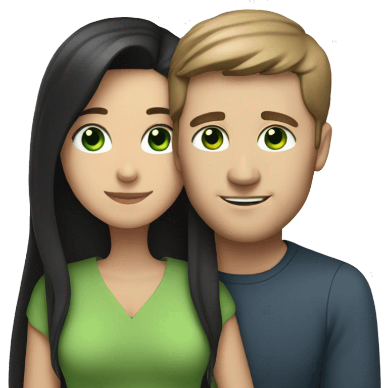 White man with blue eyes and BROWN hair hugging white woman with long straight black hair and green eyes emoji