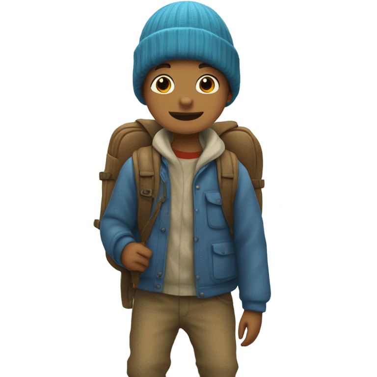 Boy with a beanie and a backpack but the beanie has a fish and the backpack has a big bear  emoji