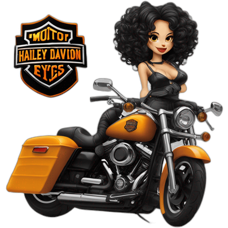 Chica pin up pelirroja sobre moto Harley Davidson negra emoji