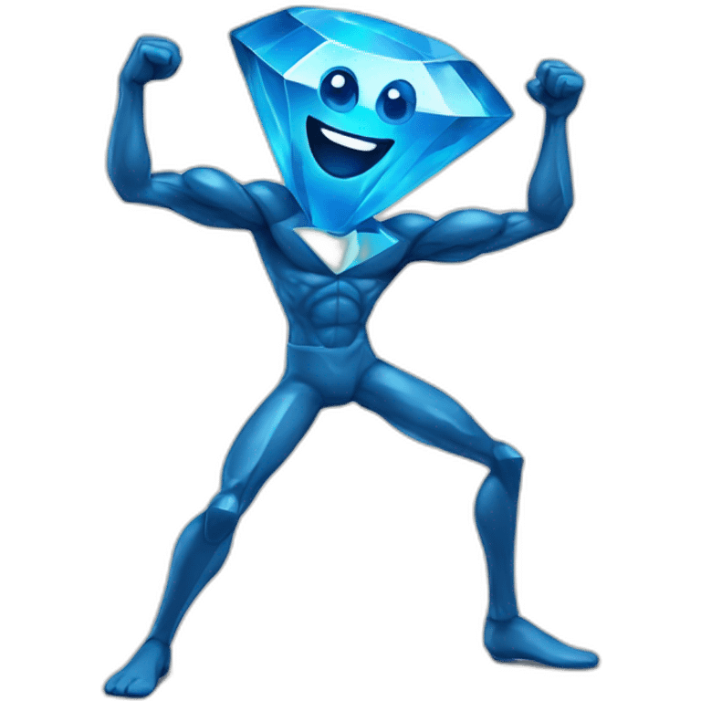 A blue diamond with a face, arms and legs doing something random and with a very happy face emoji