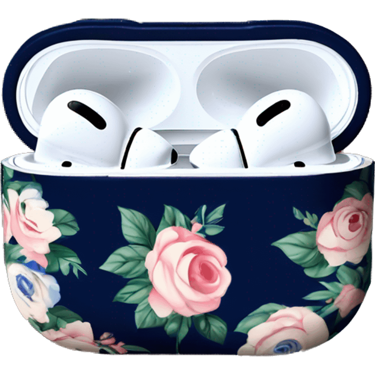 AirPods Pro in floral case with white and navy blue roses pattern on the case emoji