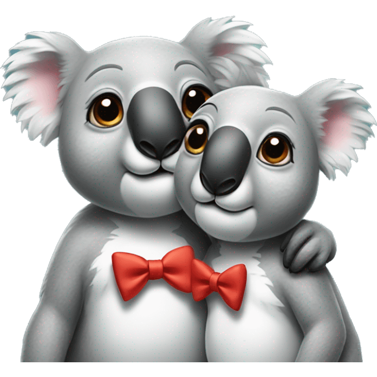 Two koalas cuddling, one with a bow on its head and the other with a bow tie emoji