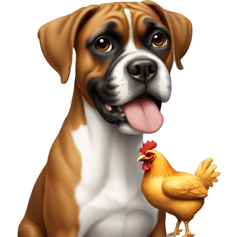 Boxer dog smiling with a chicken emoji