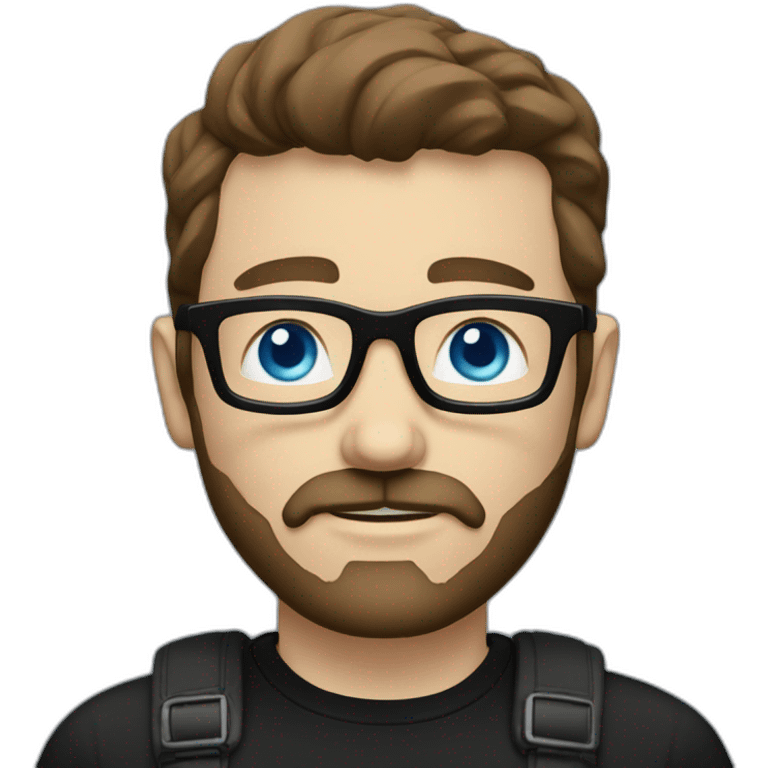 White man with blue eyes and dark brown hair, styled sideways backwards. He has a beard and mustache trimmed and wears a black t-shirt and vintage glasses. emoji