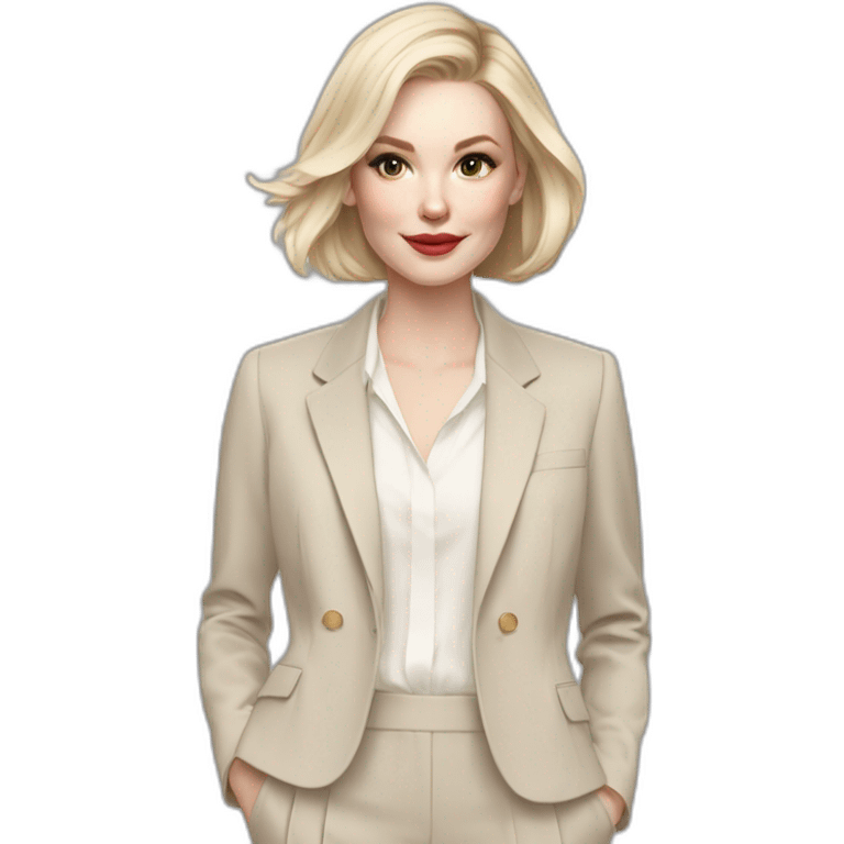 pale skin woman with ash blonde Straightened bob Hair, White Spacious classical jacket, beige palazzo Arrow pants and gray blouse holding a color palettes in the hands emoji