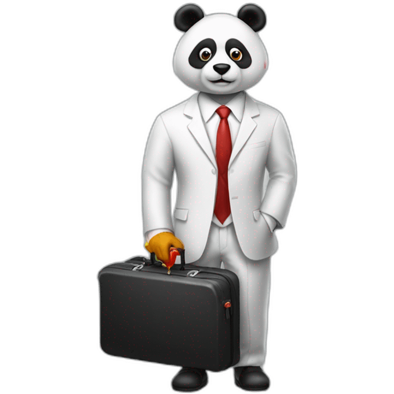 A professor with white suit and red tie and a panda face eating a hotdog and holding a black suitcase emoji