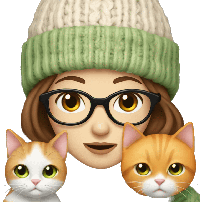 Woman with thin brown hair and a hat with glasses and brown eyes pale skin wearing a scarf and a sweater, holding an orange and white cat with green eyes emoji