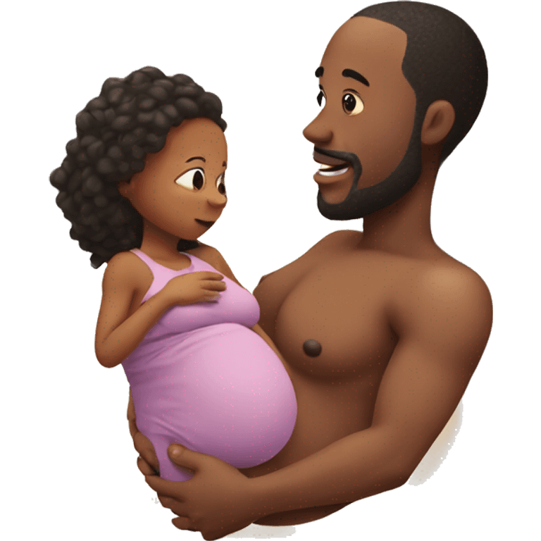 Pregnant man with a huge womb holding a toddler playing with his belly emoji