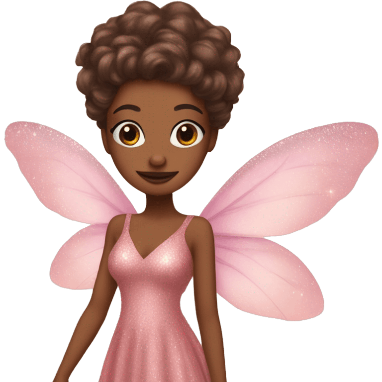 Brown skin fairy with long brown gair pink dress pink sparkly eyeshadow and long eyelashes and wings emoji