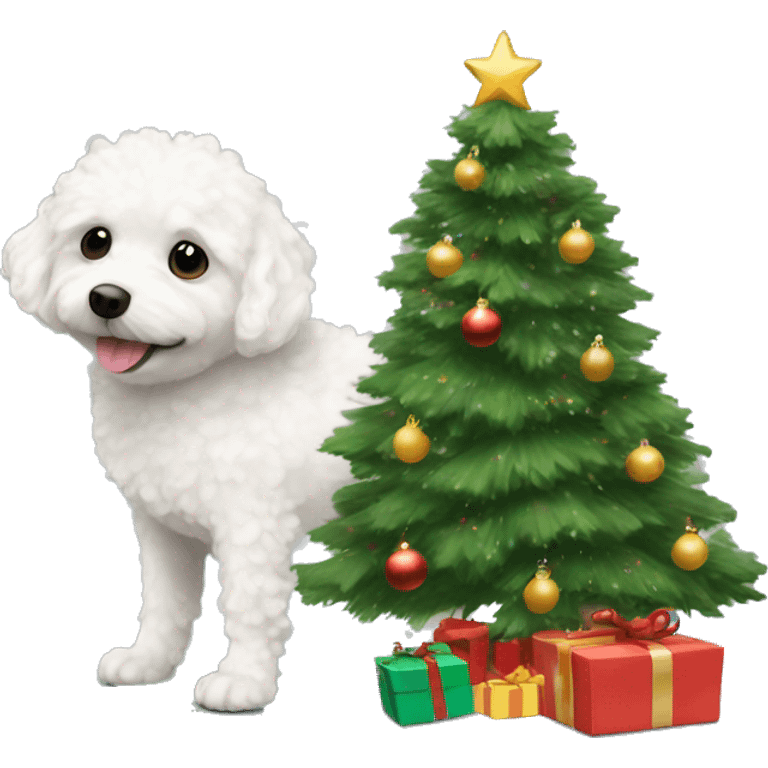 Small white curly haired dog under a Christmas tree emoji