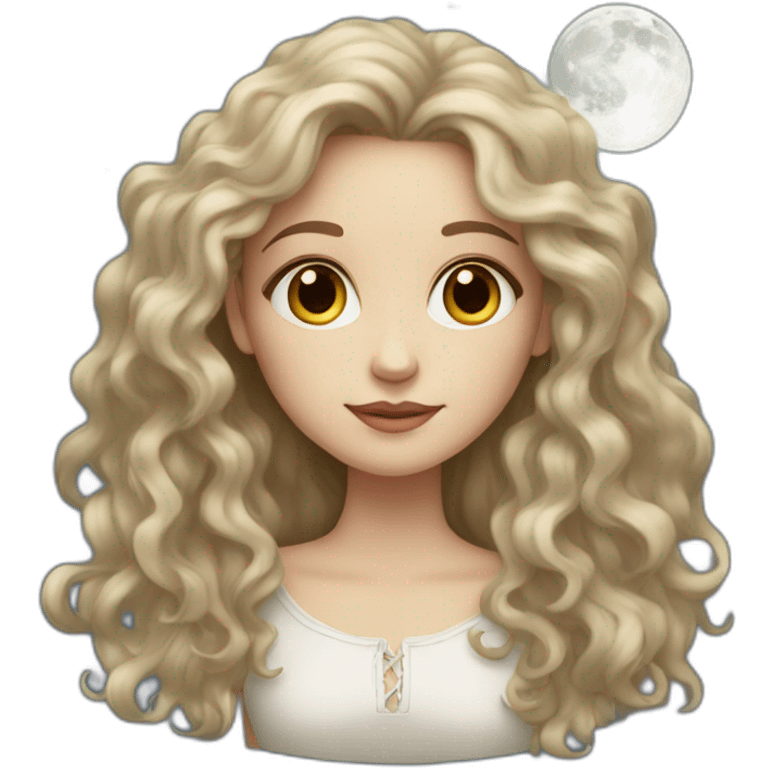 A white girl with long, semi-curly hair holding the moon emoji