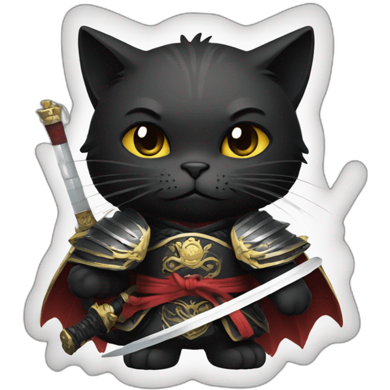 black cat with bad face, big wings, holding a samurai sword, dressed like a king emoji