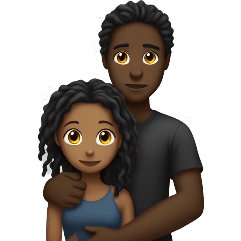 Brown girl with wavy hair hugging black boy who has dreads  emoji