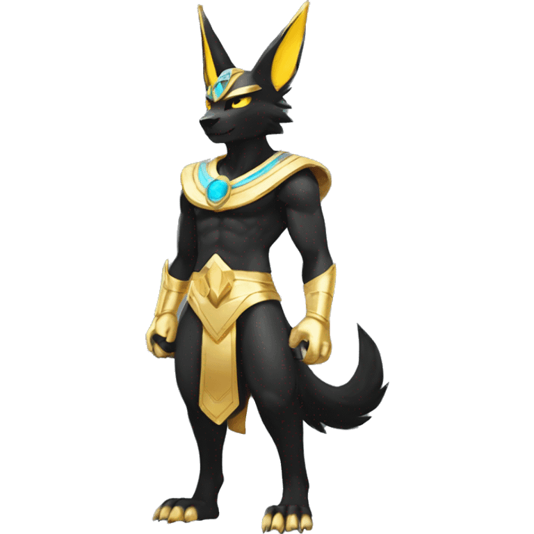 Black godly overpowered ethereal majestic Egyptian Lucario-Umbreon-Cat. Golden Anubis-Rings and yellow ring-markings. Full body emoji