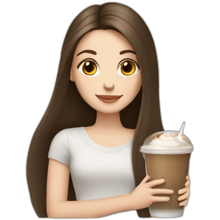 a brunette white girl with long straight hair holding an iPad and an Ice Latte emoji