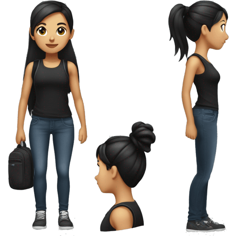 girl with black hair in a ponytail and a black jean and a black sleeveless shirt wearing a backpack emoji