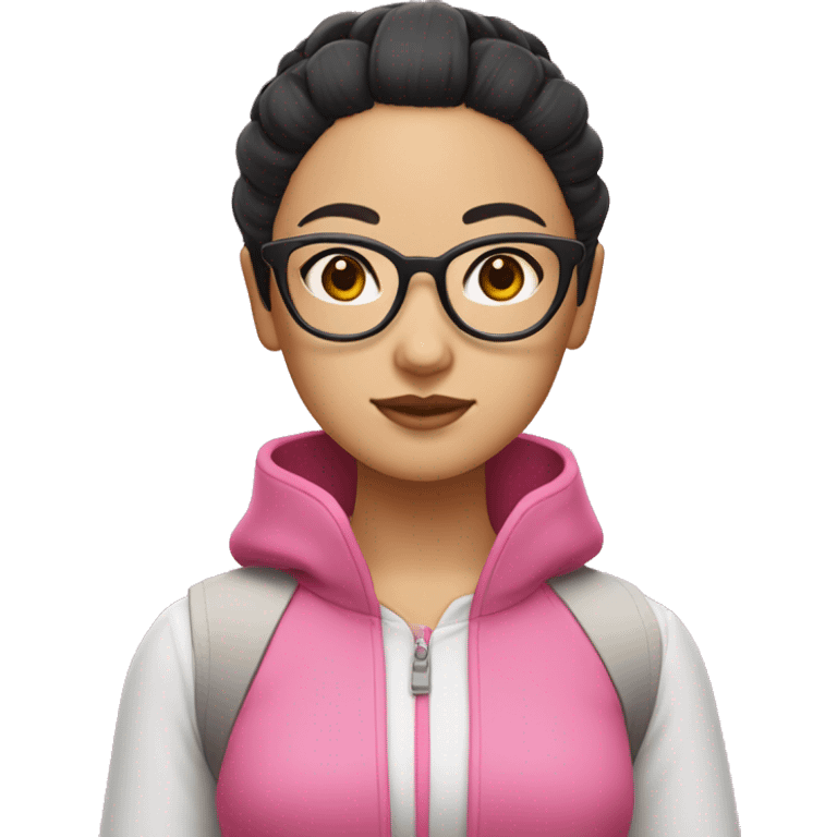 An Asian girl with black hair, wearing glasses, and dressed in a pink outfit. Her hair is styled in two buns on either side. emoji