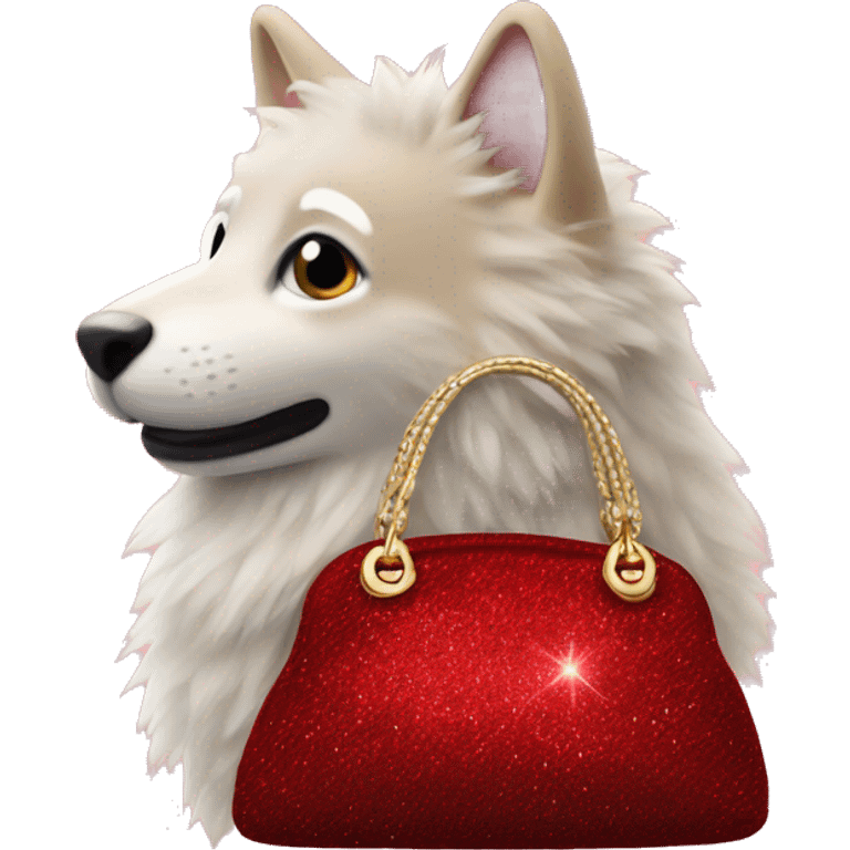 Realistic red Sparkle glitter and fur purse. emoji