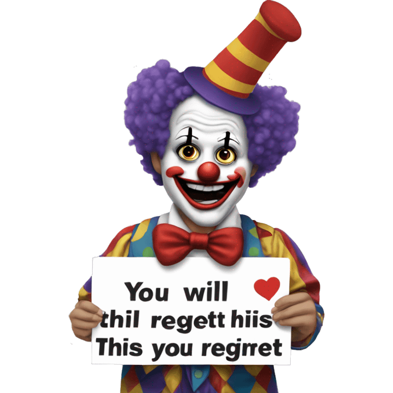 Clown holding a sign stating, "you will regret this" emoji