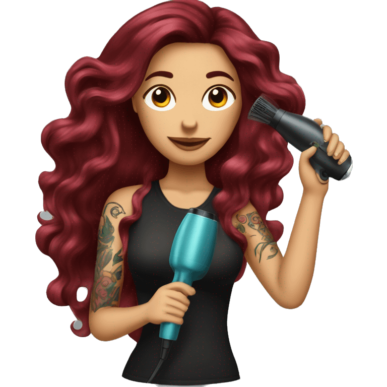 Beautiful tattooed  burgundy long haired woman blow drying her hair emoji