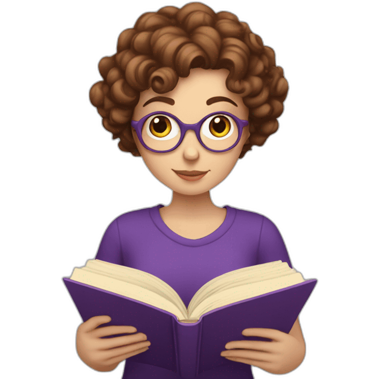 white girl with really short brown curly hair reading a purple book emoji