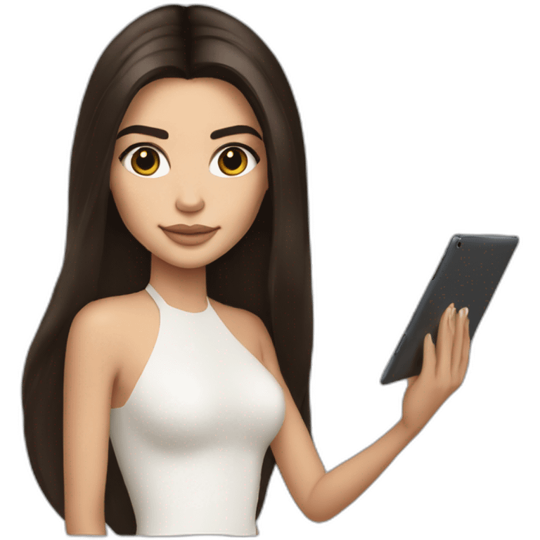 brunette Kendall Jenner with long hair holding iPad emoji