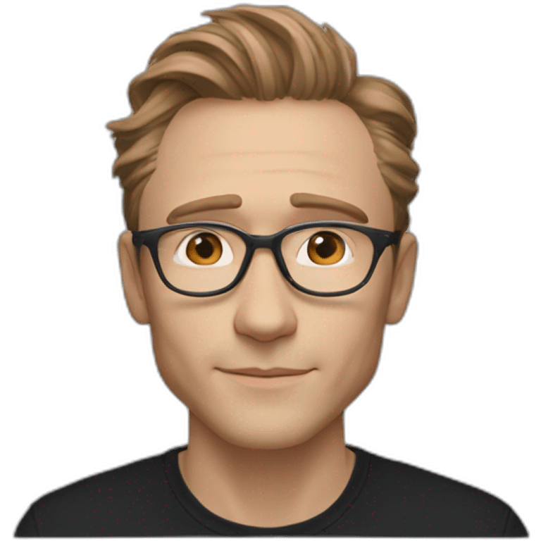 Light Brown guy, hair nose and lips like Tom Hiddleston, no facial hair, transparent round glasses, black t shirt emoji