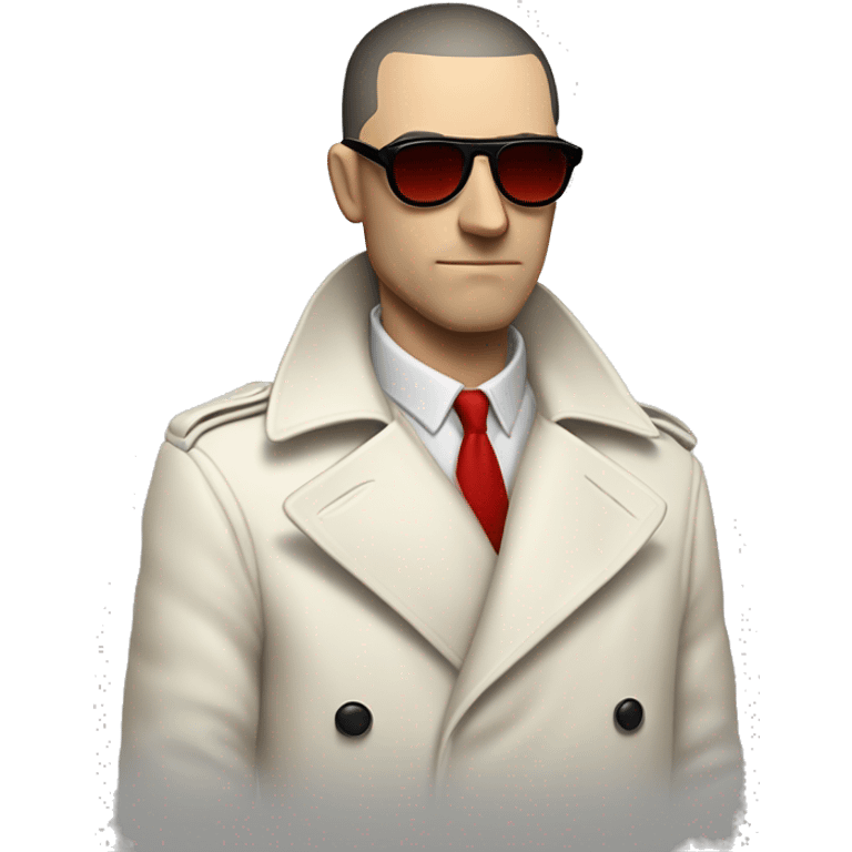 <excerpt>
A white man with real buzz cut Black hair, short mutton chops donning small red tinted sun glasses in a dirty white trench coat, is serious.
</excerpt> emoji