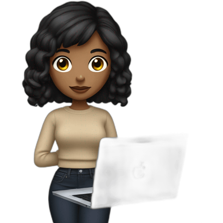 memoji of a female with a modern apple laptop in front, black hair, beige skin, black sweater, computer in hand --ar1:1 emoji