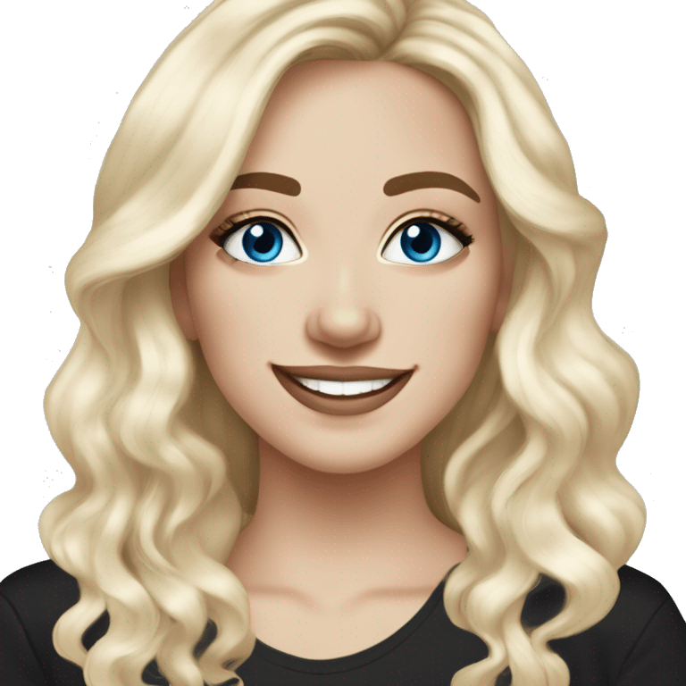 White-pale-skinned adult woman, smiling, glitter drawings makeup on her face, blue eyes, long black-to-blonde ombre wavy hair, ring earrings, black T-shirt. emoji