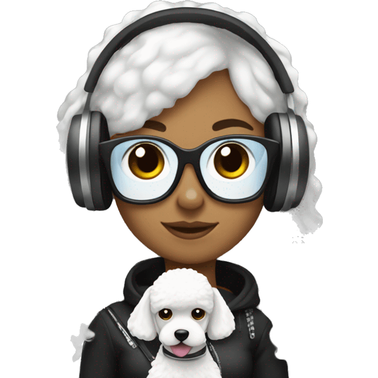 edgy girl with headphones on holding a white poodle emoji