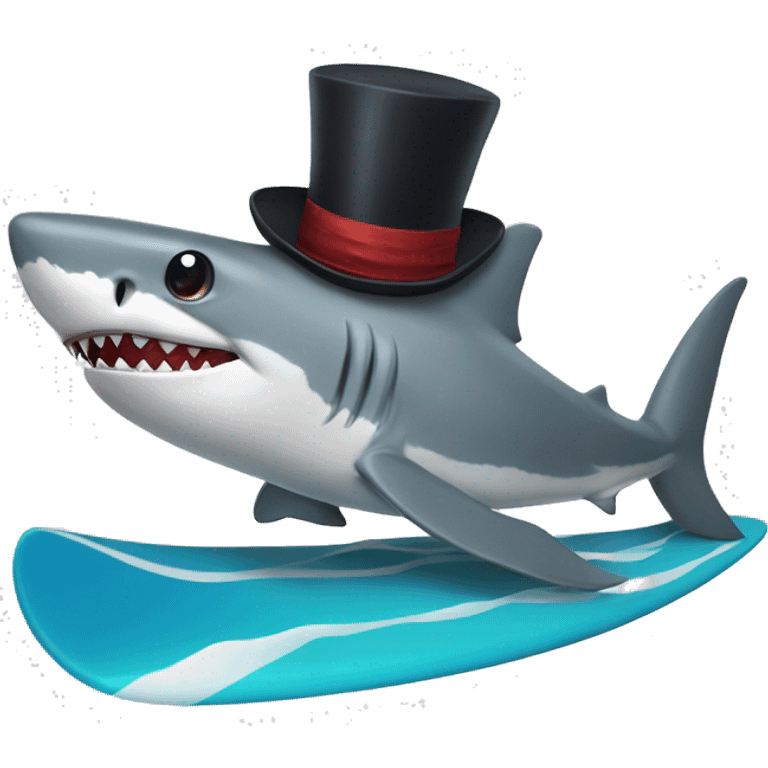 Shark T-Tex with a top hat on a surfboard emoji