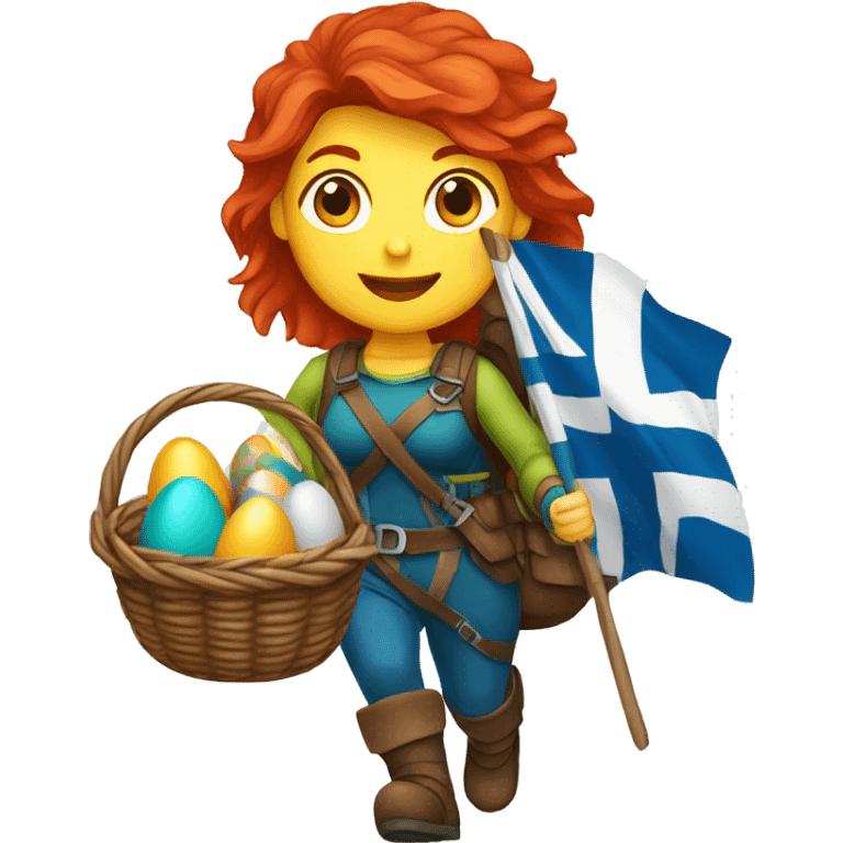 red hair female winter mountaineer climbing with Easter eggsbasket and Greek flag emoji