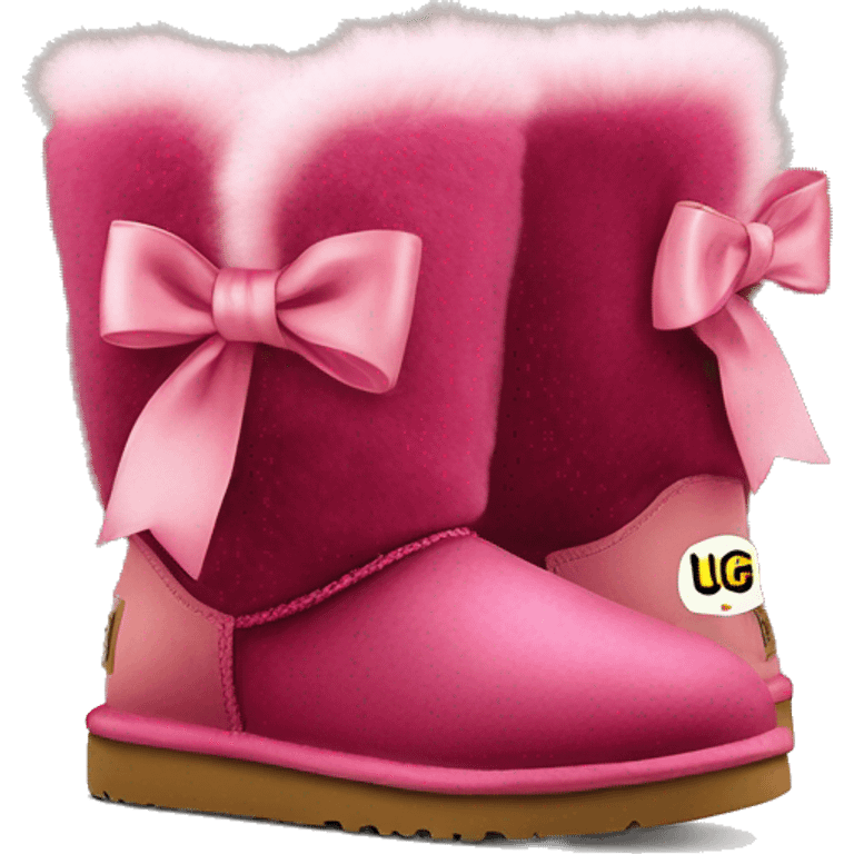 Realistic pair of raspberry color Ugg fur boots with silk ribbon bows. emoji