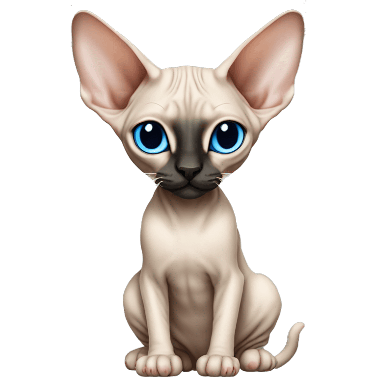 Siamese Sphynx Peterbald  cat with blue eyes, full thin body stand, black nose ears and tail emoji