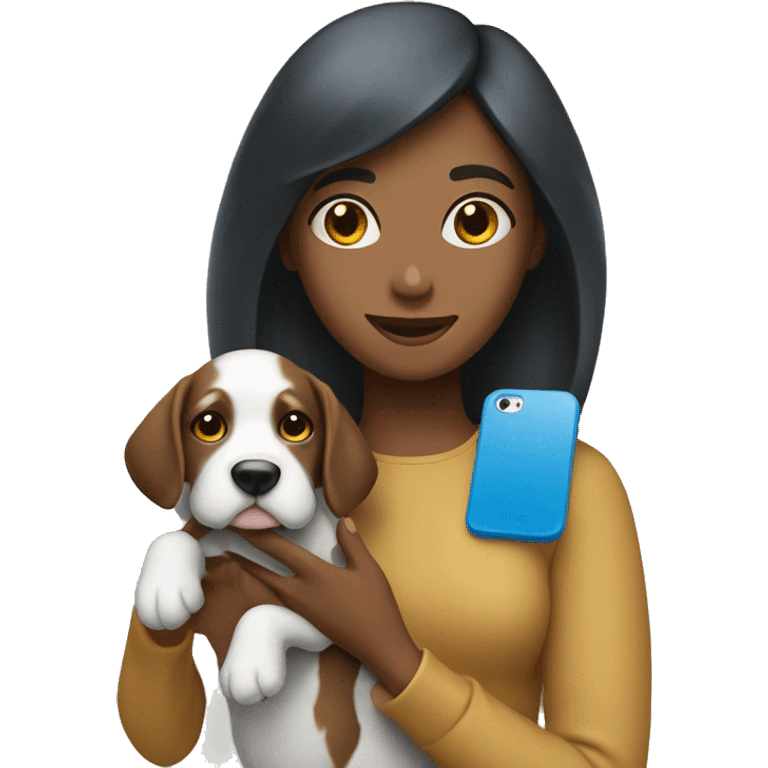 A girl holding a iPhone 15 bleu with a dog beside  emoji