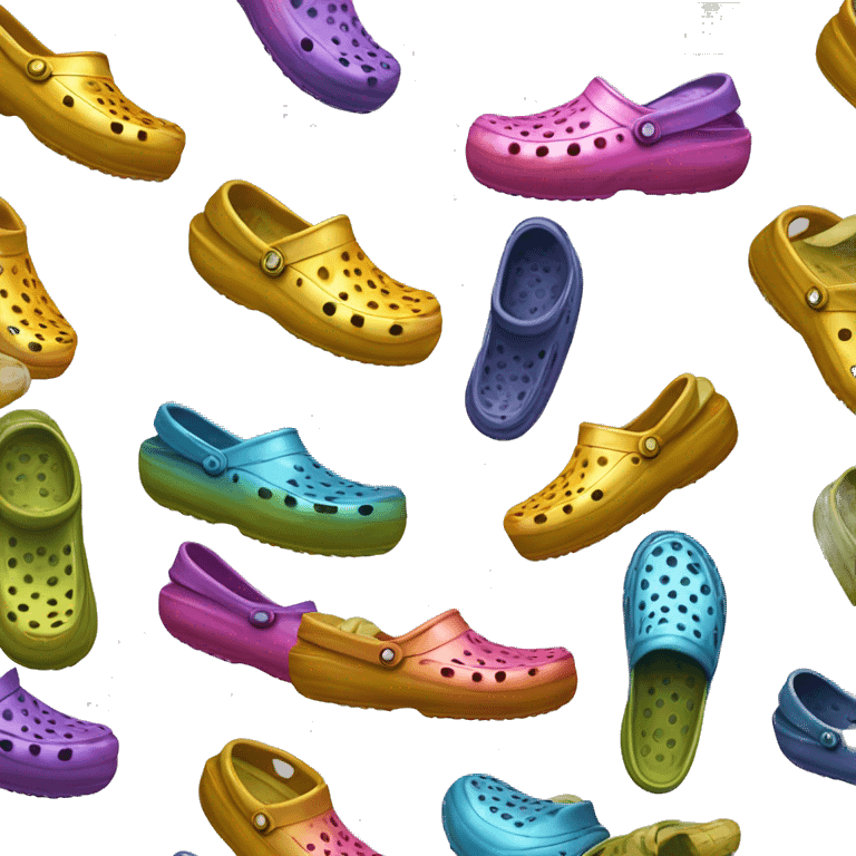 Realistic metallic gold and colorful pair of crocs shoes isolated.  emoji