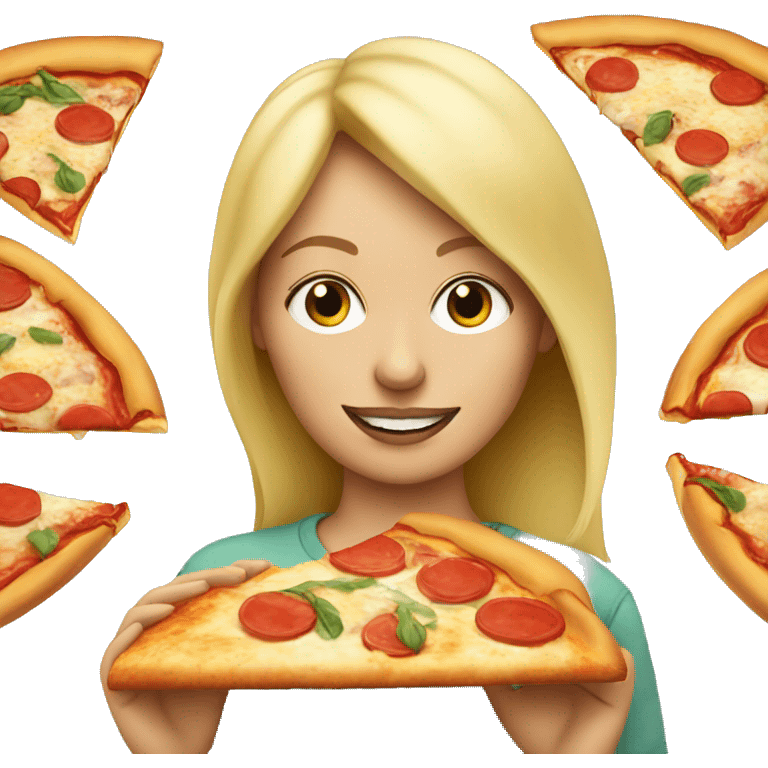 blonde woman eating pizza with eggs on top emoji