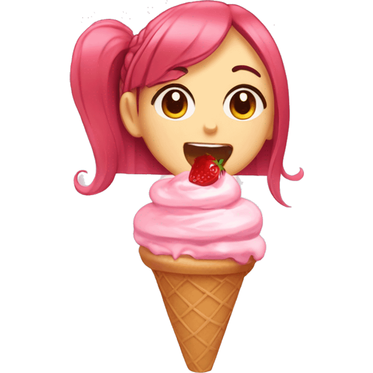 A anime girl eating strawberry ice cream in a cone emoji