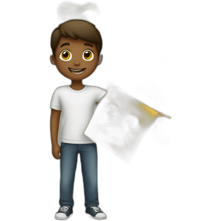 Boy holding banner written store emoji