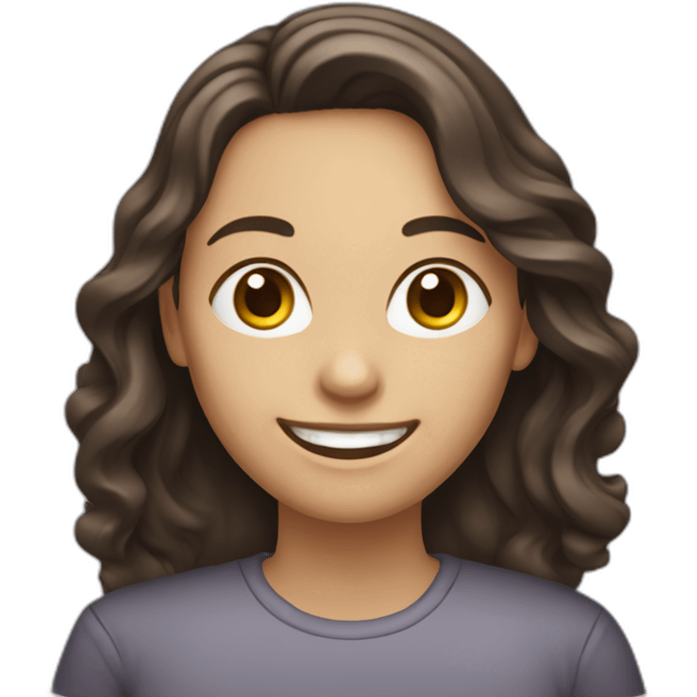 smiling woman with wavy long dark brown hair, typing on a silver laptop emoji