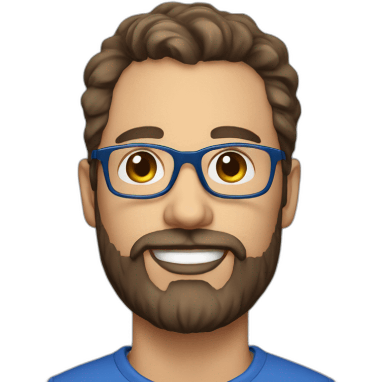 man 41 years old, tiny beard, brown hair with silver with blue glasses, french emoji