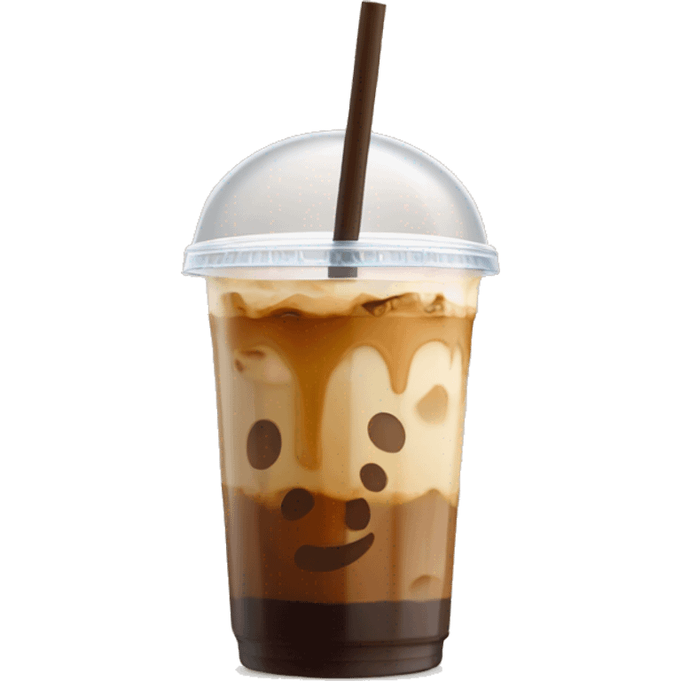 Caramel iced coffee in a clear cup with straw and bamboo lid  emoji