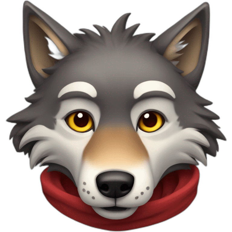 a full body furry anthropomorphic dark grey and red wolf with only fur saying hello emoji