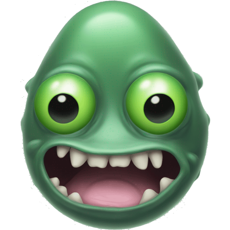 do face resembles a heavily malformed green blobfish, with a bulbous green nose, black eye sockets, and green smoke coming from its mouth. Its features are distorted, with its open mouth taking up the majority of its face emoji. emoji