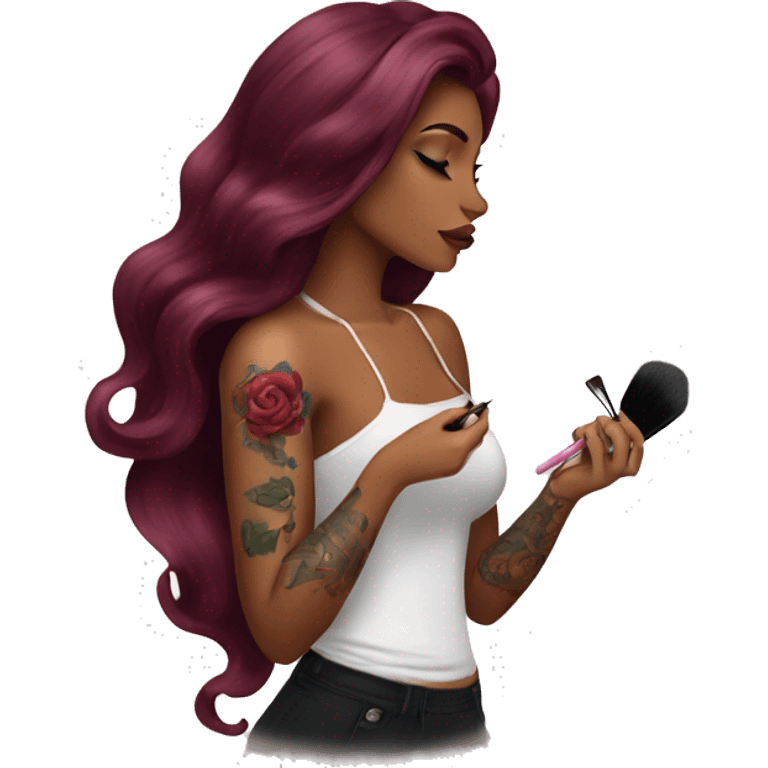 Beautiful tattooed burgundy long haired woman doing her makeup emoji