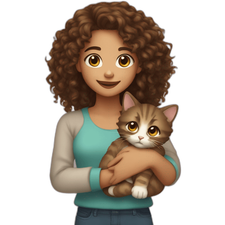 Girl long curly brown hair smiling mixed race et tenant brown eyes and holding a cat in her arms emoji