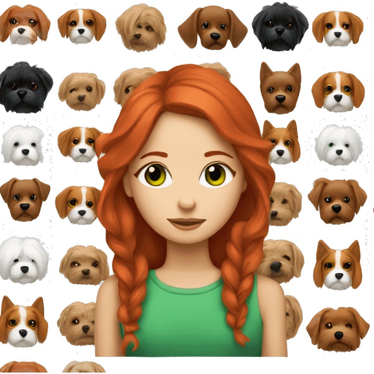 red-haired girl with green eyes, slepp with a maltese black dog emoji